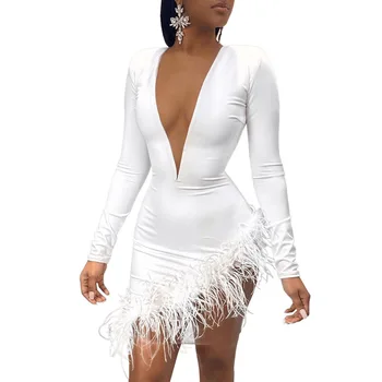 

Sheer Mesh Feather Spliced Sexy Sheath Dress Women Deep V Neck Long Sleeve Bandage Dress Fall Winter High Waist Party Club Dress