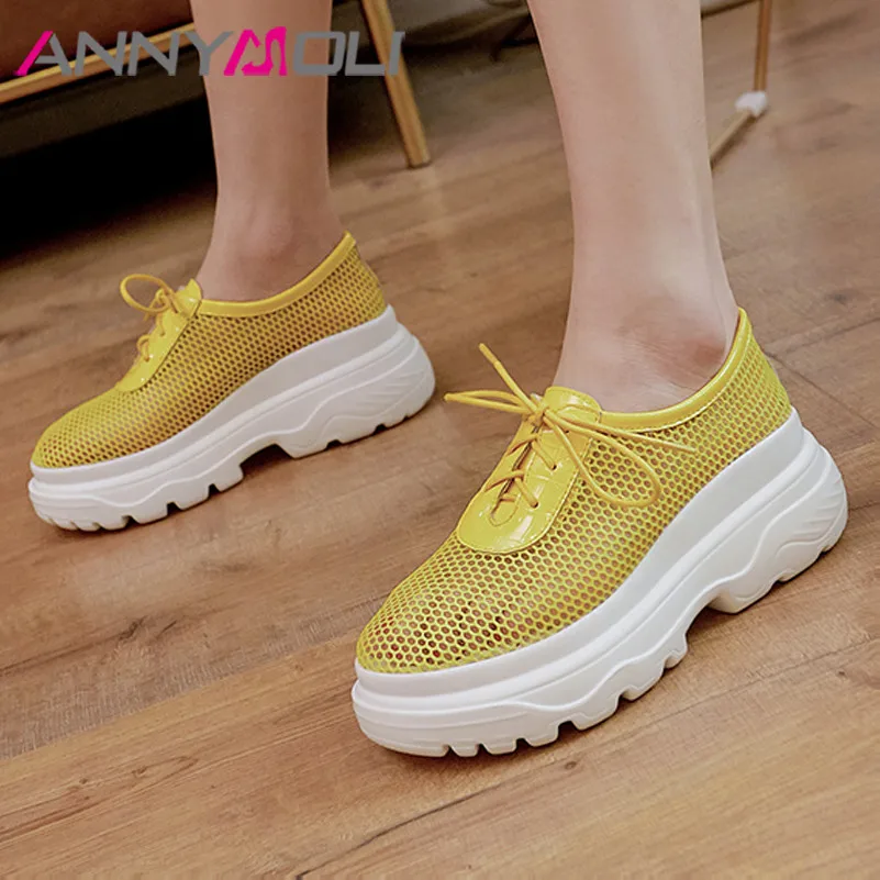 

ANNYMOL Natural Genuine Leather Flat Platform Shoes Cutouts Sneakers Shoes Lace Up Round Toe Ladies Casual Footwear Yellow Pink