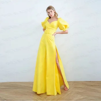 

2019 Latest Yellow Blue Orange Fashion Puff Sleeve Sashes Sexy V Neck High Side Slit Wide Legs Party Women Jumpsuts