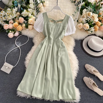 

Women Summer Dress 2020 New Fashion Puff Sleeve Vintage Dress Robe High Waist Thin Sweet Square Neck Elegant Long Dress Vestidos