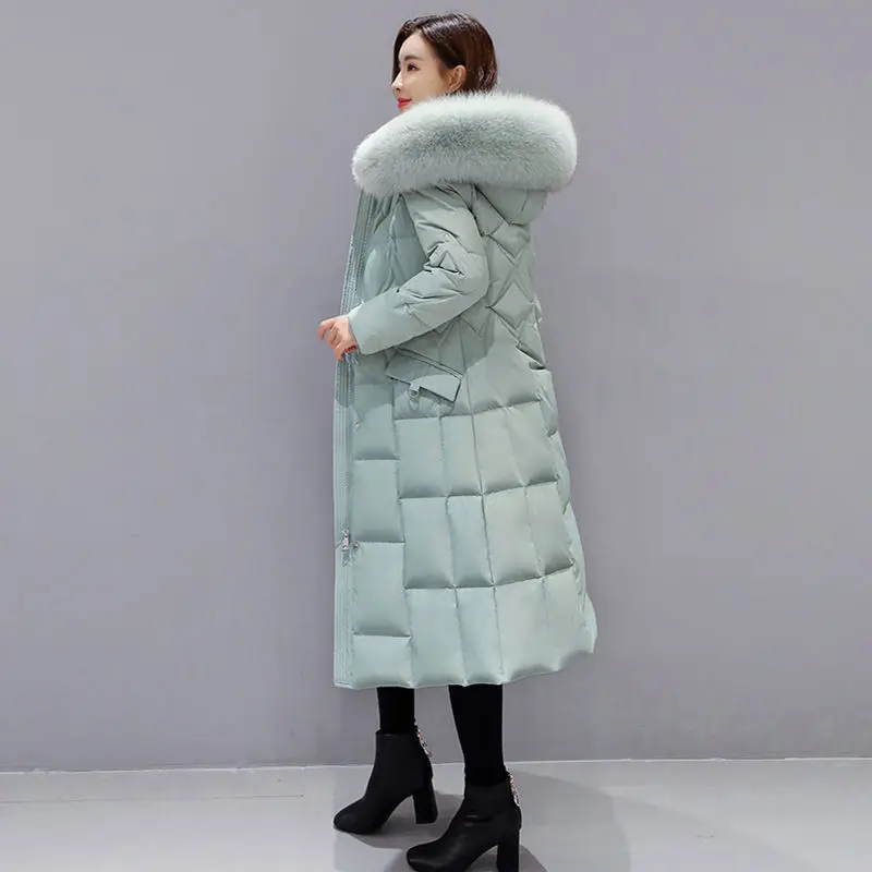 Female Down Padded Jacket 2024 New Fashion Slim Big Fur Collar Mid-length Thick Winter