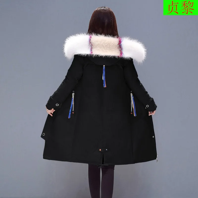 

Korean-style Thick down Feather off Season Cotton-padded Clothes Women's Hooded Color Large Fur Collar Cotton Coat Women's Slimm