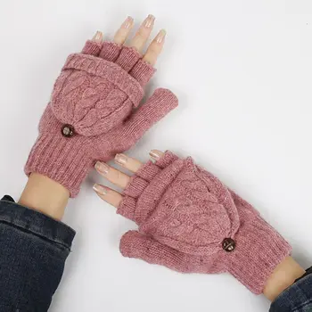 

Womens Cable Knit Fingerless Mittens Winter Convertible Gloves with Flip Cover