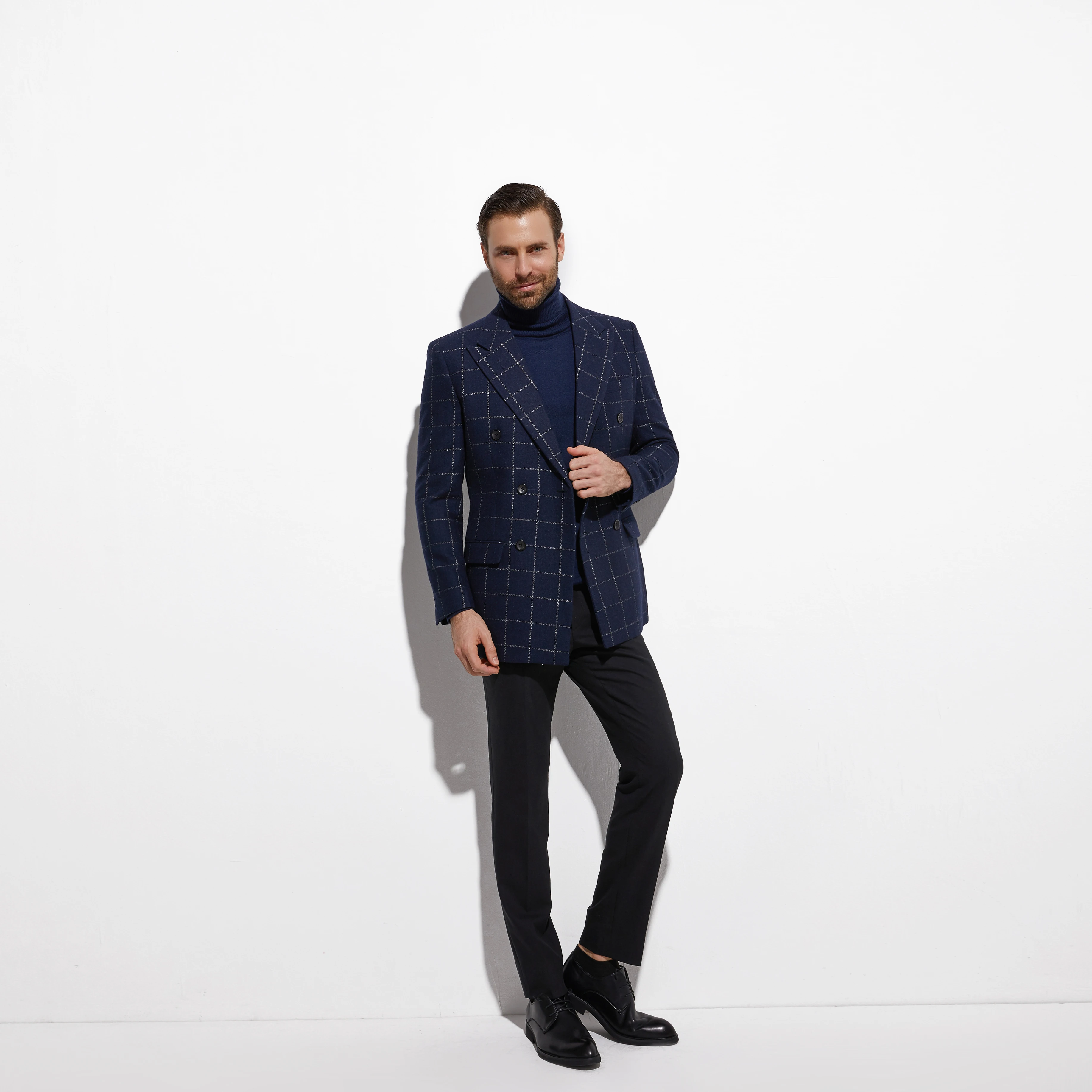 Fashion Tweed Jacket Double Breasted Blazer Navy Windowpane Jacket with Wide Peak Lapel Custom Made  Warm Slim Wool Blend Blazer