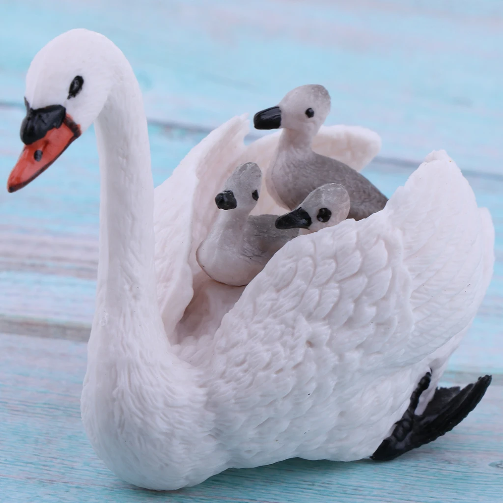 Realistic White Swan with Babies Figurines Model Animal Action Figures, Easter Eggs Cake Toppers Christmas Birthday Gift 