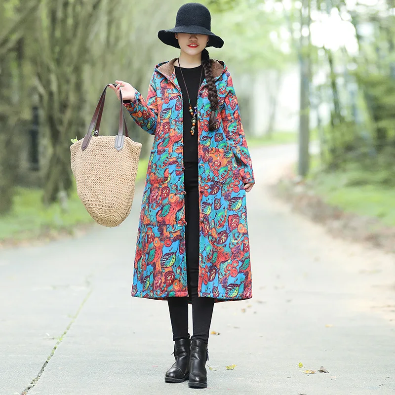 

2019 Winter New Style National Style Large Size Loose Cotton Linen Printed Hooded Brushed And Thick Frog Middle Long Coat