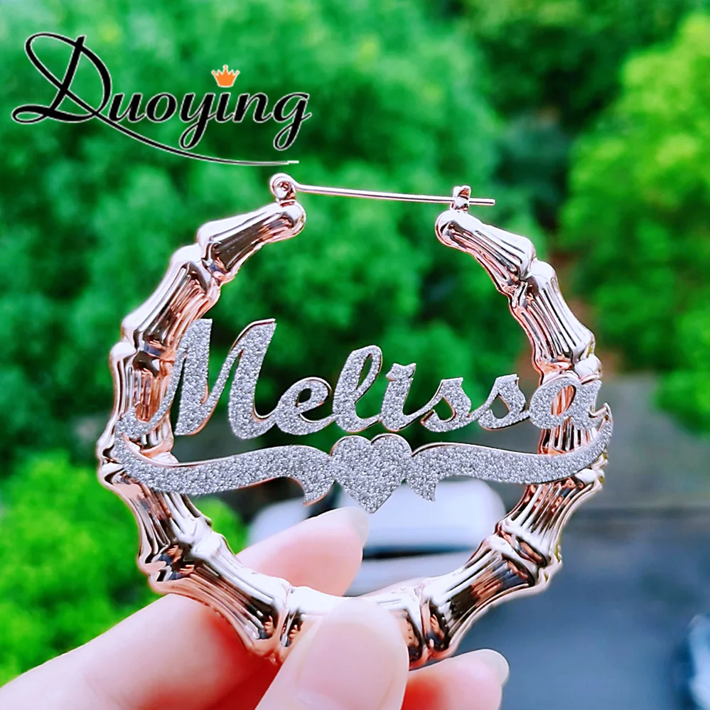 

DUOYING Custom Name Earrings Personlized Shiny Letter Nameplate Sticker Custom Colorful Bamboo Earring Jewelry For Cute Gift