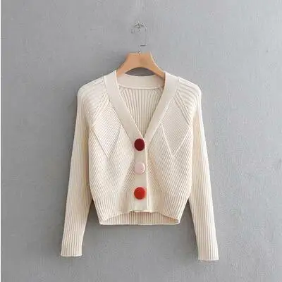 Women's Spring autumn v-neck pure color sweater Female slim single breasted cardigen knit tops blouse TB3631 - Цвет: apricot