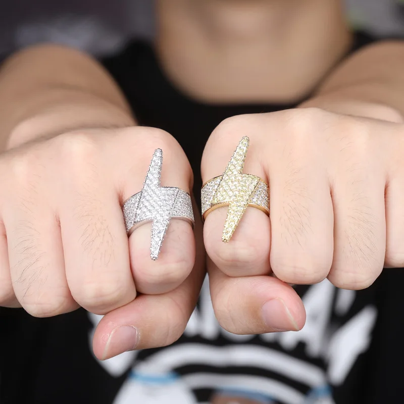 AAA+ CZ циркон проложили Bling Iced Out Lightning кольца для мужчин и женщин кубический цирконий кольца мужские хип-хоп рэппер ювелирные изделия серебро золото