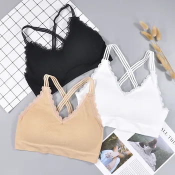 

Women Wireless Bras Lace Cross Strap Bra Plus Size Soft Bralette Solid Full Cup Sexy Semaless Crop Tops Sports Brassiere Female