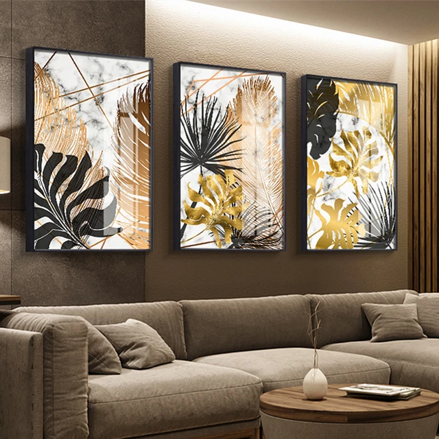 Cuadro sobre lienzo para pared con estampado de hojas abstractas de oro  nórdico, póster de planta m…