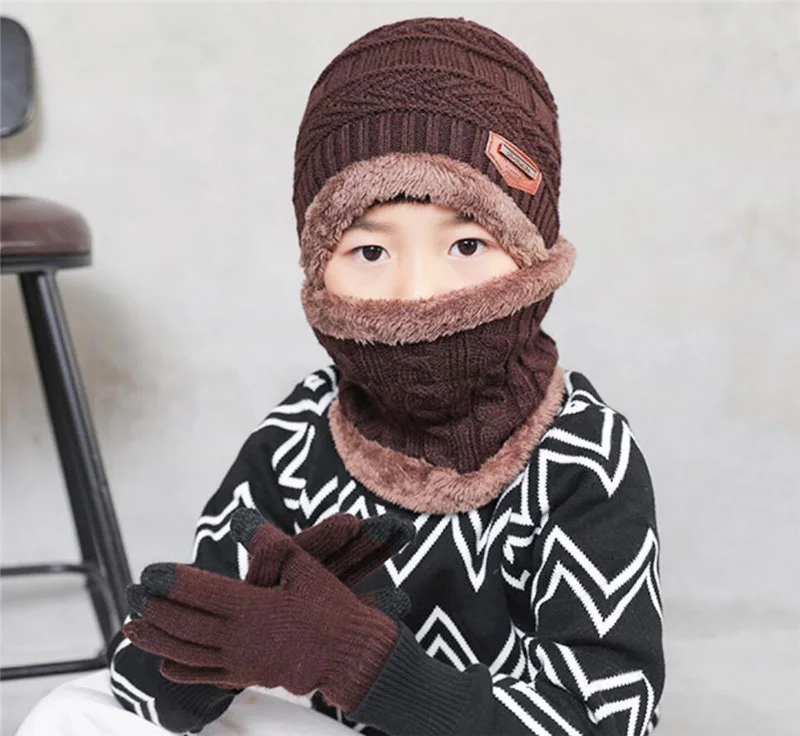 Г., Детский Зимний вязаный комплект из 3 предметов: шапка и шарф, перчатки, теплая плюшевая шапка для мальчиков и девочек новая детская Лыжная шапка, однотонные шарфы