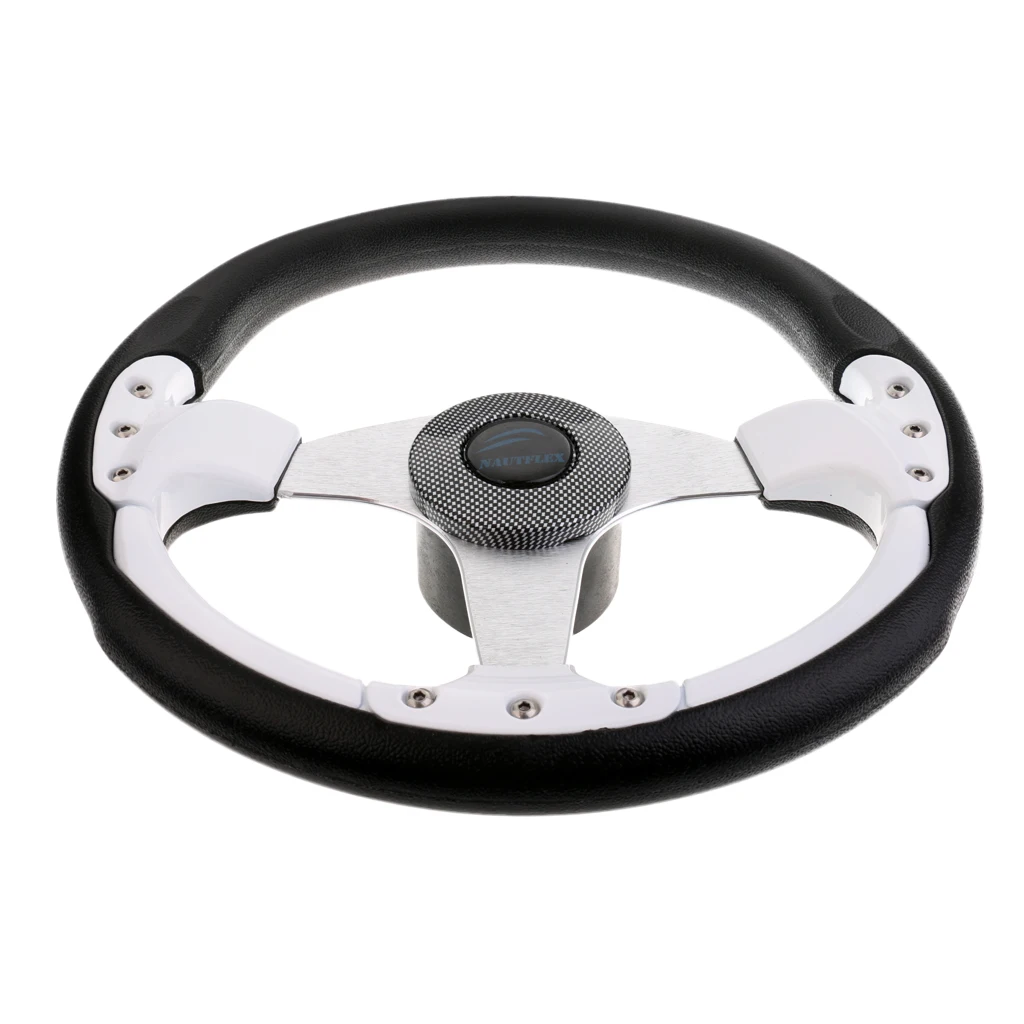 3 Spoke Boat Steering Wheel 13.5inch/340mm Dia with Center Cap, Aluminum Alloy, White Black