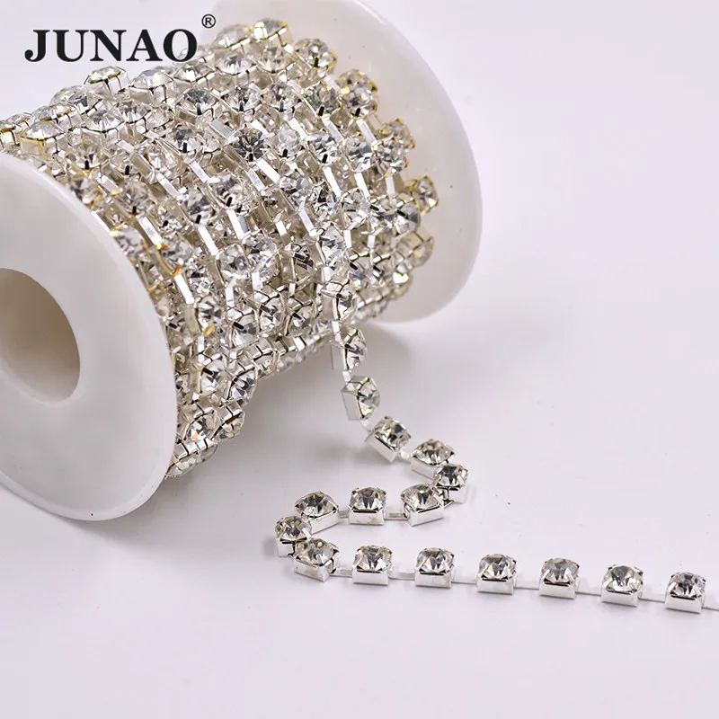 JUNAO SS28 Серебристая стеклянная стразы цепочка для шитья Хрустальная лента отделка