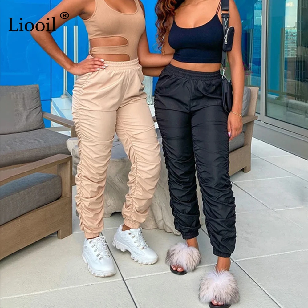 

Liooil Casual Ruched High Waist Sweat Pants Women Black Slacks 2020 Fall Winter Streetwear Trousers Female Jogging Sweatpants