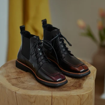 

Genuine Leather Fashion Boots low heels Women Ankle Boots Autumn Winter Shoes Woman lace up Ladies Boots