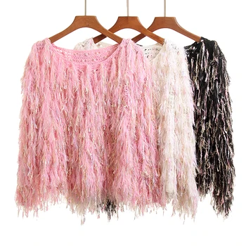 

Women Tassel Sweater Autumn and Winter New Style Floral Furry Sweaters Pullover Tassels Plush Tops Handmade Crocheting Knit