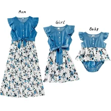

Flower Mother Daughter Dresses Summer Family Macthing Outfits Mom Baby Mommy and Me Clothes Ruffled Women Girls Cotton Dress
