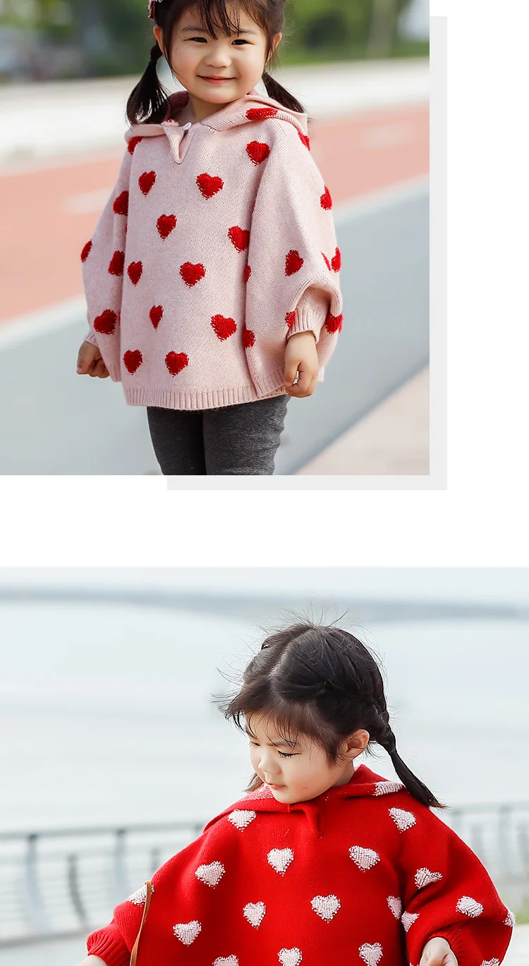 1-4Years Girl Sweater Coat Winter Jacquard Small Love Figure Hooded Cute Girl Knitted Outerwear Kids Warm Cloak Coat