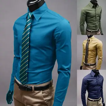 

Men Dress Shirt 2019 Winter New Fashion Men Solid Color Business Long Sleeve Men Button Turn Down Collar Shirt Top Polyester