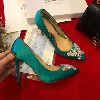 

Womens Genuine Leather Rhinestones Crystal Butterfly Decor Stilettos High Heel Pumps Party Sexy Low Top Shoes Green New Arrival