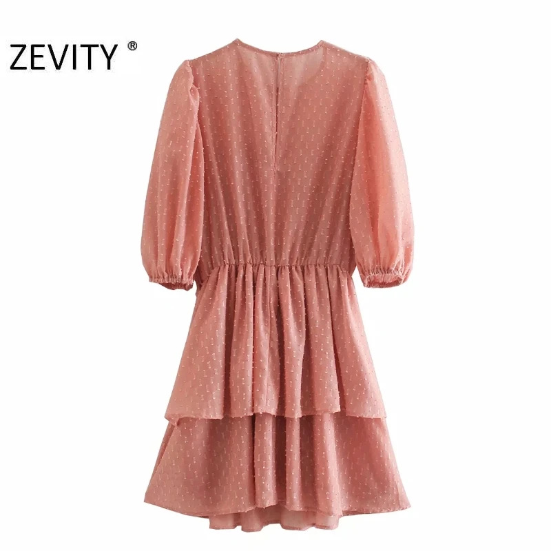 ZEVITY New women sweet o neck puff sleeve chiffon dress female elastic double layer casual vestido chic ruffles dresses DS4509