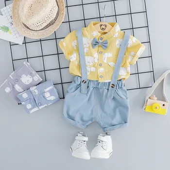

Fashion baby boys clothes cotton Toddler Kids Cartoon Bear Pocket Bow Tops Overall Pants Casual Outfits Free shipping H4