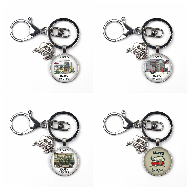 

Hot personality camp pattern double sided glass pendant keychain cute mini car model lobster buckle keyring pendant jewelry gift