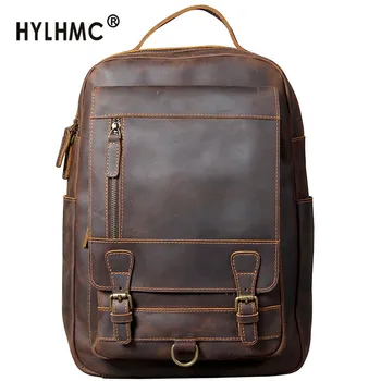 

New Retro Crazy Horse Leather Bag Men Backpack Large-capacity Laptop Backpack Male Computer Bag Schoolbag First Layer Cowhide