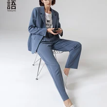 Toyouth офисные женские костюмы из 2 предметов, брюки, осенняя мода, отложной блейзер с воротником, костюм, однотонная верхняя одежда, женский костюм