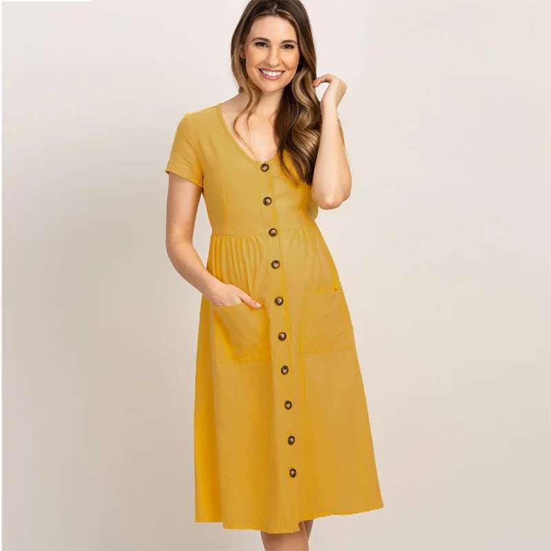 Slim-Fit Short-Sleeved Maternity Dress Maternity Long Dress Round Neck Loose Solid Color Long Trench Coat