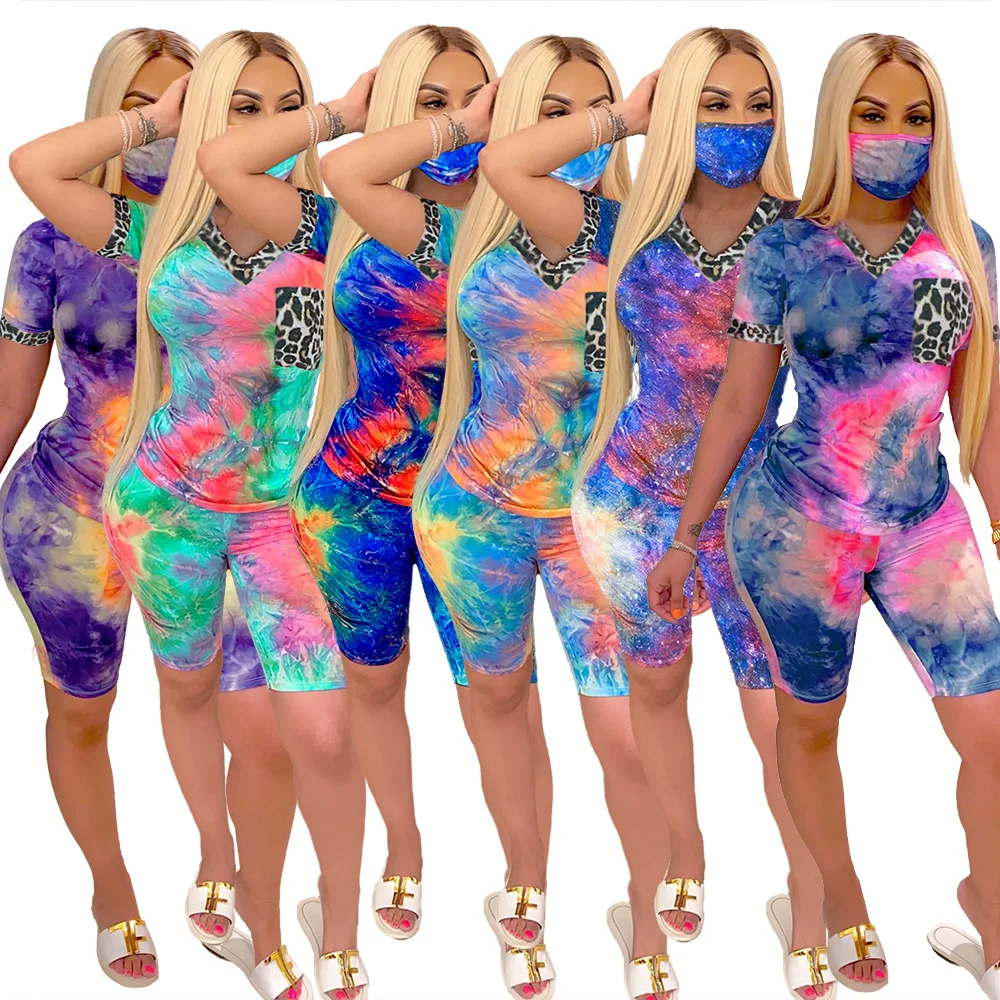 

Women Tracksuit Two Piece Set Casual Tie Dye Short Sleeve Corp Tops T-Shirt Bikers Pants Suit Joggers Soprt Matching Set Fitness