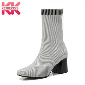 

KemeKiss Women Half Short Boots Fashion Elastic Fly Knitting Shoes Women 2020 Fall Winter Brand Square Heel Boots Size 33-42