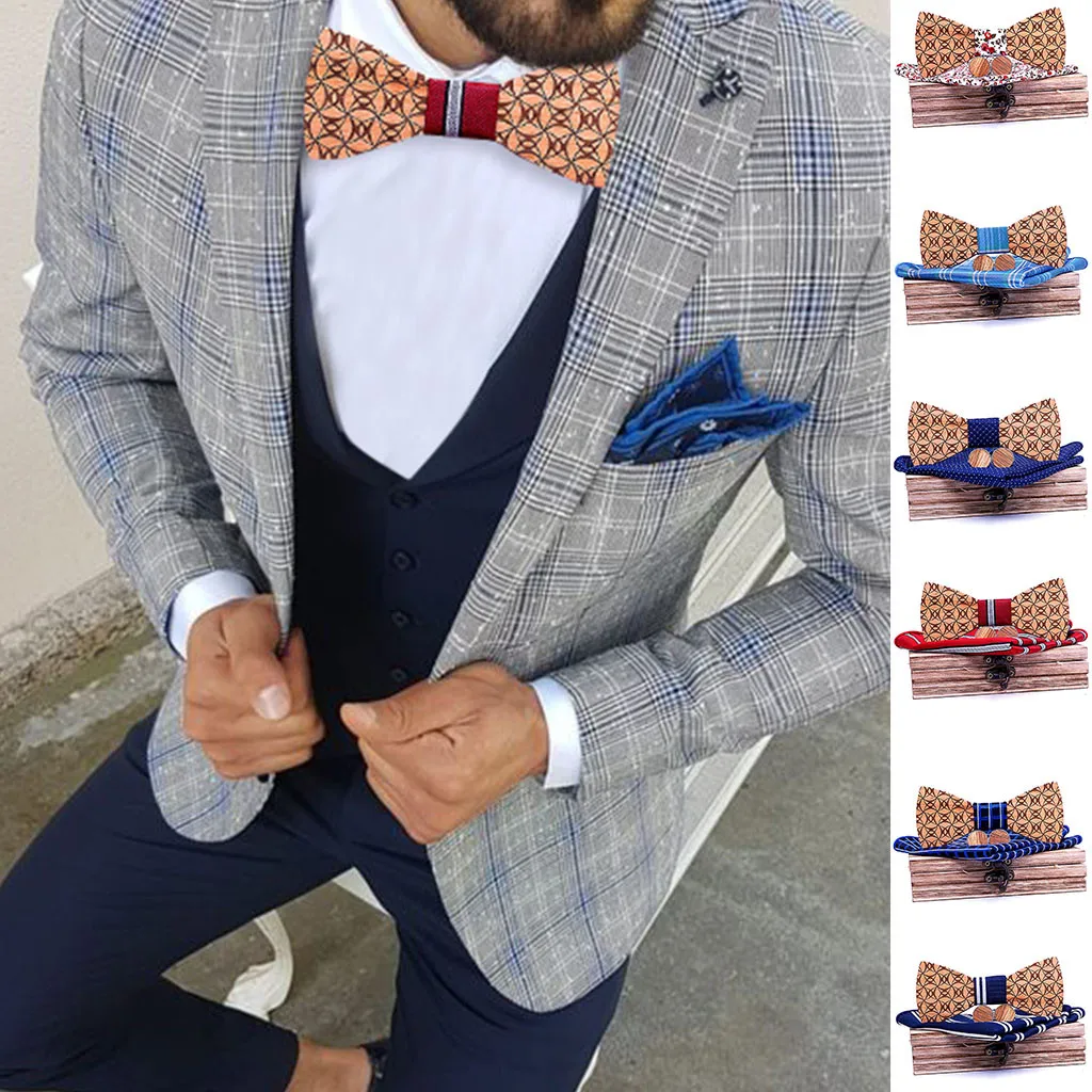 

Manual Wooden Bow Tie Handkerchief Set Men's Bowtie Wood Hollow Carved And Box
