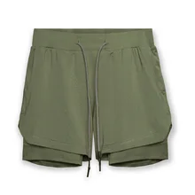 2021 New Men's Sports Shorts Double-layer Color Matching Fitness Running Breathable Solid Color Green Casual Men's Beach Shorts