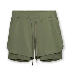 Short de sport Double couche pour hommes, couleurs assorties, pour Fitness, course, respirant, couleur unie, vert, décontracté, pour la plage, nouvelle collection 2021 