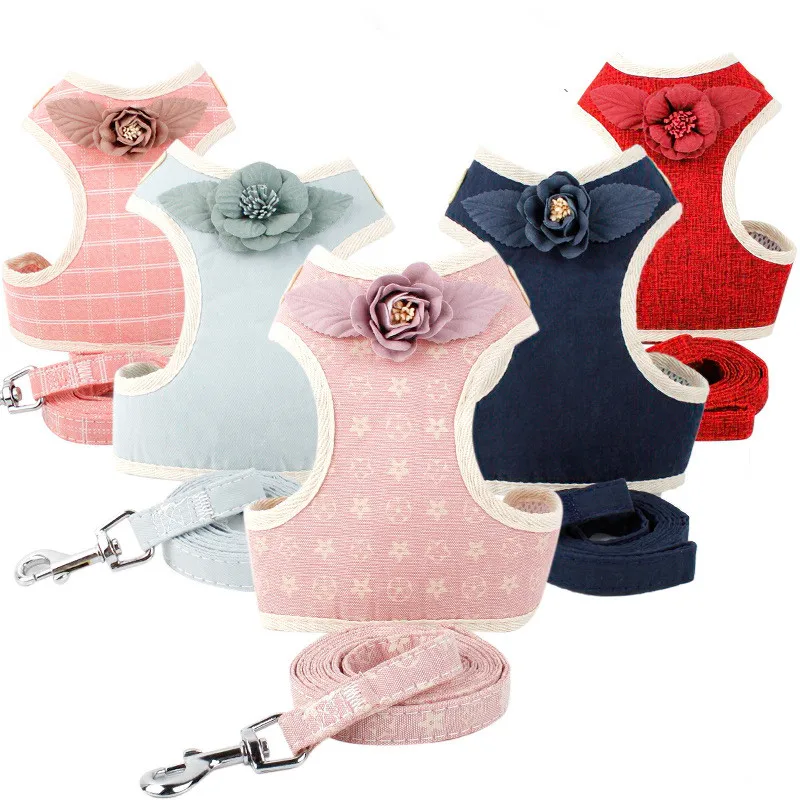 

Dog Harness Leash Set With Bowknot Fashion Lovely Floral Breathable Adjustable Puppy Cat Harness Vest for Small Medium Dogs Cats