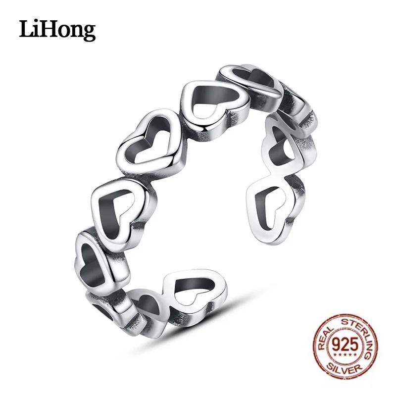

New Retro Ring Neutral Heart-Shaped Temperament Hollow Heart Shape Opening Adjustable Sterling Silver Rings For Birthday Gifts