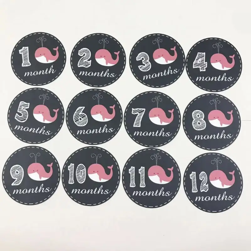

12pcs/set Excellent Souvenir 1-12 Month Cartoon Whale Pattern Newborn Round Monthly Stickers Landmark Filming Props