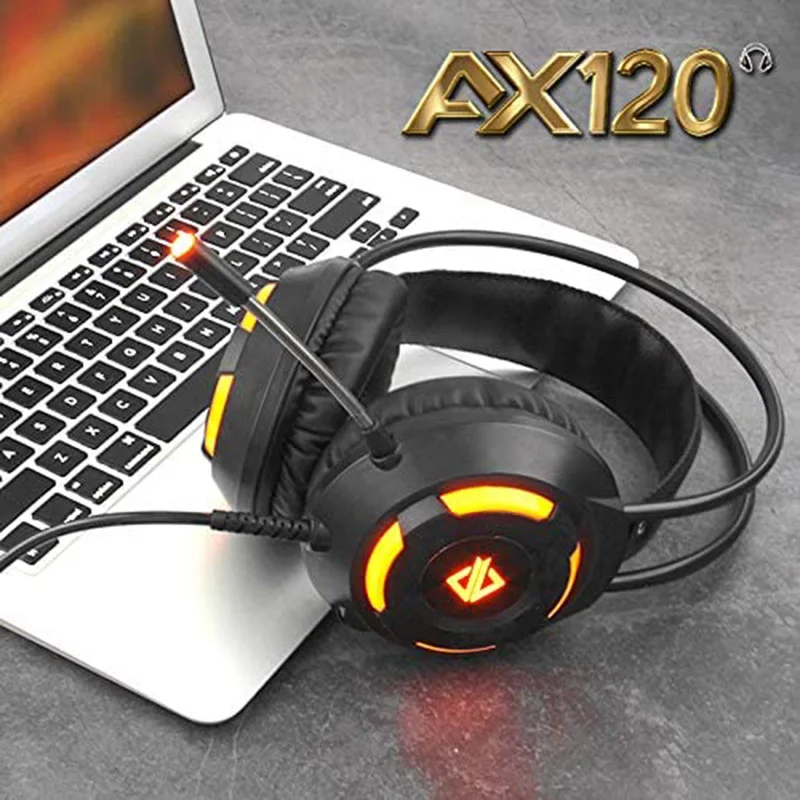 AJAZZ AX120 Stereo Gaming Headset Noise Cancelling over Ear Headphones with Mic Bass Surround Orange LED Light