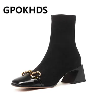 

GPOKHDS 2021 women ankle boots cow leather slip on Metal Decoration boots winter short plush square toe high heels women boots