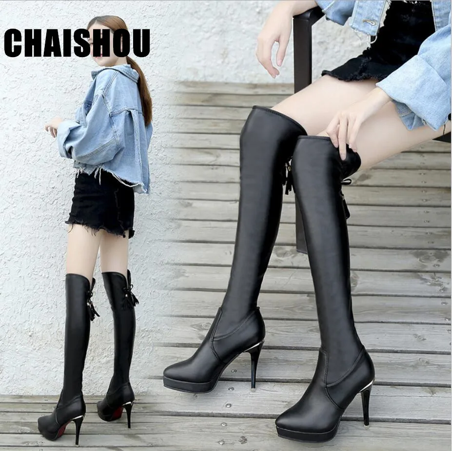 Новые кожаные пикантные женские ботинки на платформе; botas altas mujer sobre rodilla; зимние женские туфли на платформе и высоком тонком каблуке; Botas Mujer; D347