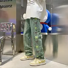 Pantalones vaqueros holgados de estilo hip Hop para hombre y mujer, ropa de calle y2k con bordado de mariposa, anudado teñido, para monopatín