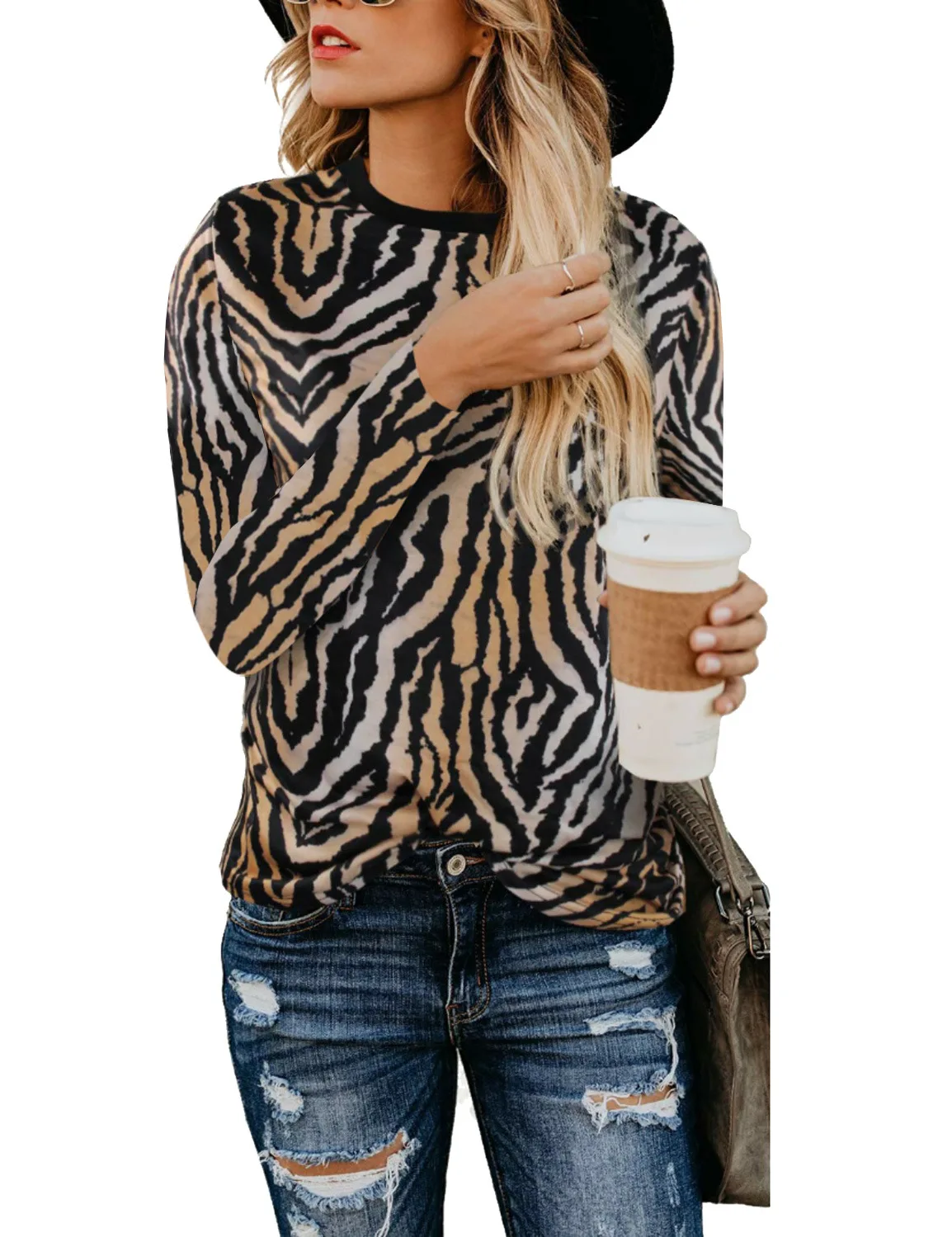 Autumn winter Street Wear Womens Casual Leopard Print Long Sleeve T Shirt Tops Loose Round Collar Pullover Printed Tops