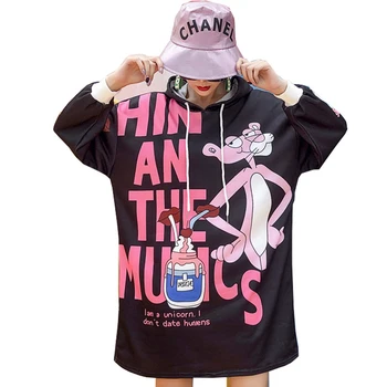 

QING MO Black Women Pink Panther Sweatshirt 2020 Women Letter Printed Sweatshirt Female Hooded Sweatshirt Plus Size ZQY2636
