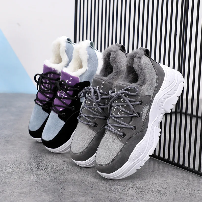 

2020 New Women Winter Shoes Plush Warm Fur Boots Sneakers Platform Vulcanized Lace Up Casual Shoes For Winter Female Sneakers
