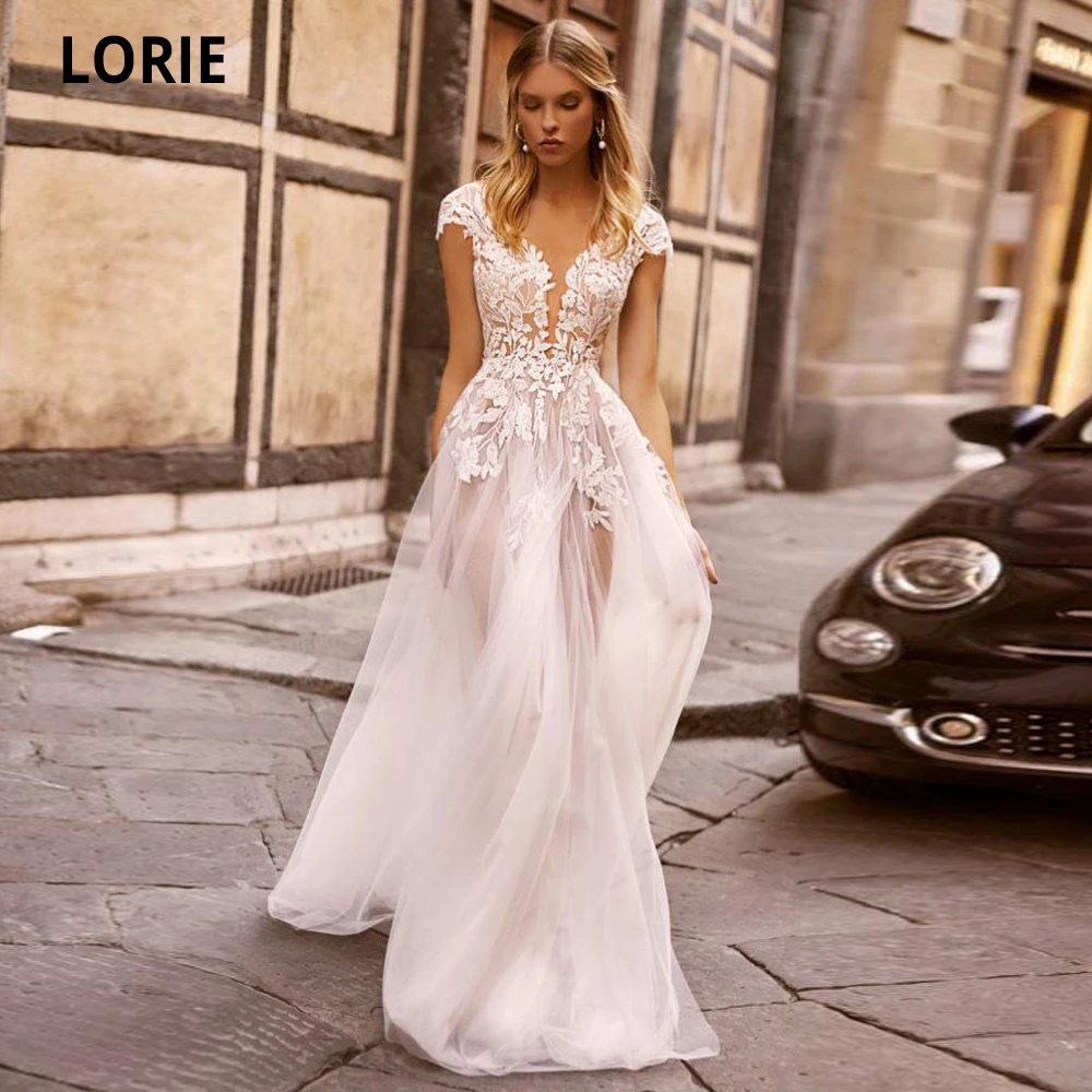 

LORIE Boho Wedding Dresses Lace Beach Bridal Gowns 2020 V-neck Cap Sleeve Open Back Beautiful Wedding Party Dresses Plus Size