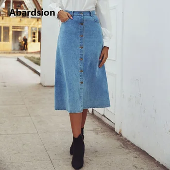 

2020 Denim Skirt Spring Summer Women A-line Button Midi Skirts For Female Causal High Waist Jeans Skirt