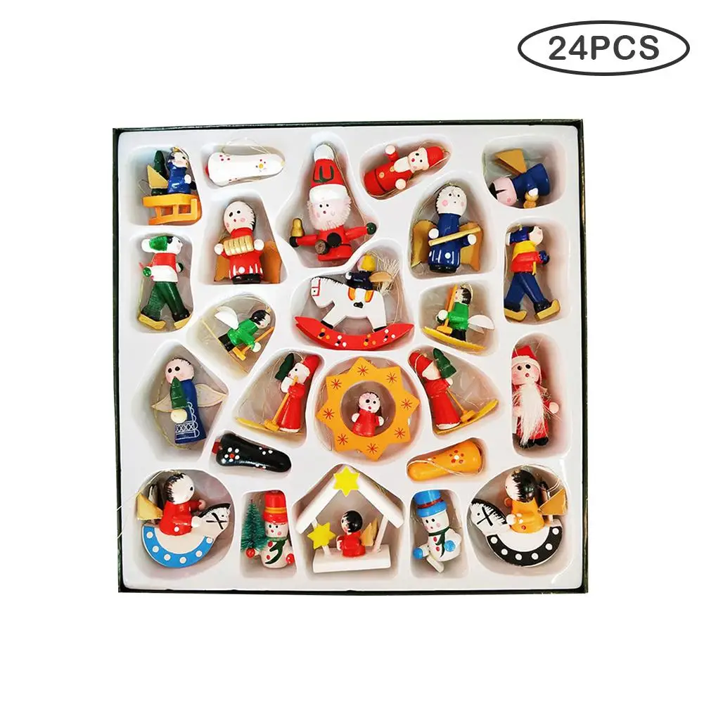 

24pcs/pcak Christmas Decorations Handmade Boxed Set Of 24 Wooden Small Pendants Christmas Tree Ornaments