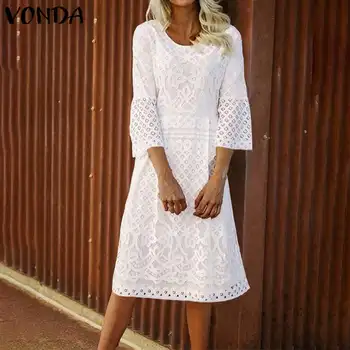 

Solid Dress VONDA Women Sexy 3/4 Flare Sleeve Bohemian Dress 2020 Summer Sundress Female Casual Loose Party Vestidos Plus Size